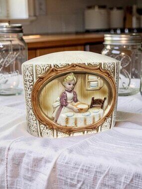 Vintage 1978 Sears Roebuck Ceramic Napkin Holder With Pioneer Women Girl Baking